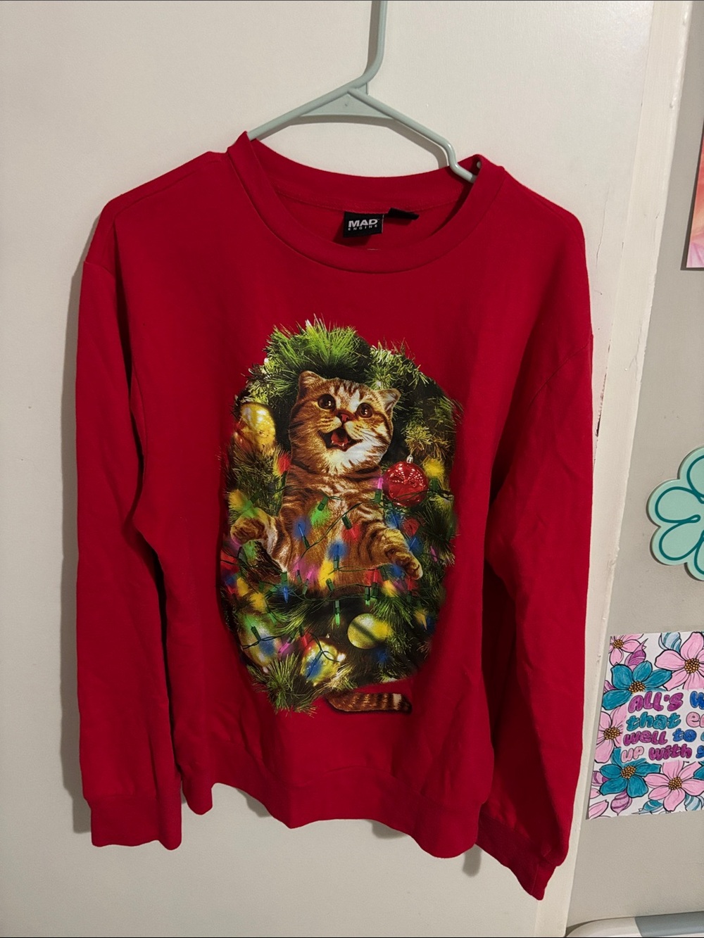 Men's M MAD Engine Orange Christmas Cat Graphic Pullover Red - Cotton Blend